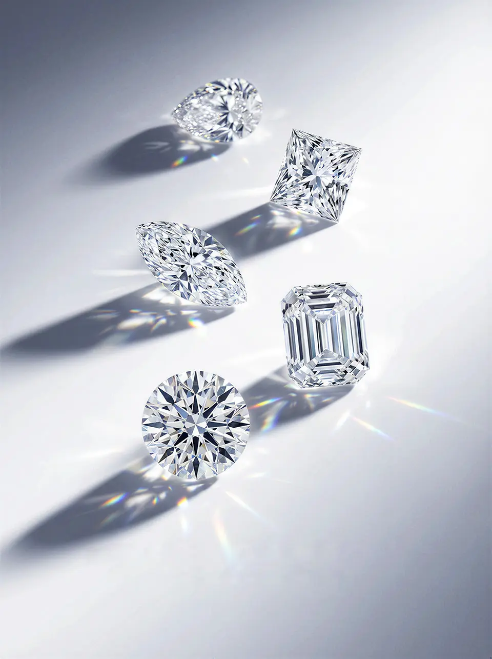 different shapes of lab grown diamonds with light spot on