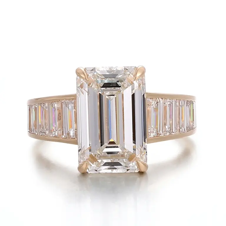 10k gold emerald lab grown diamond prong set side stone engagement ring 1