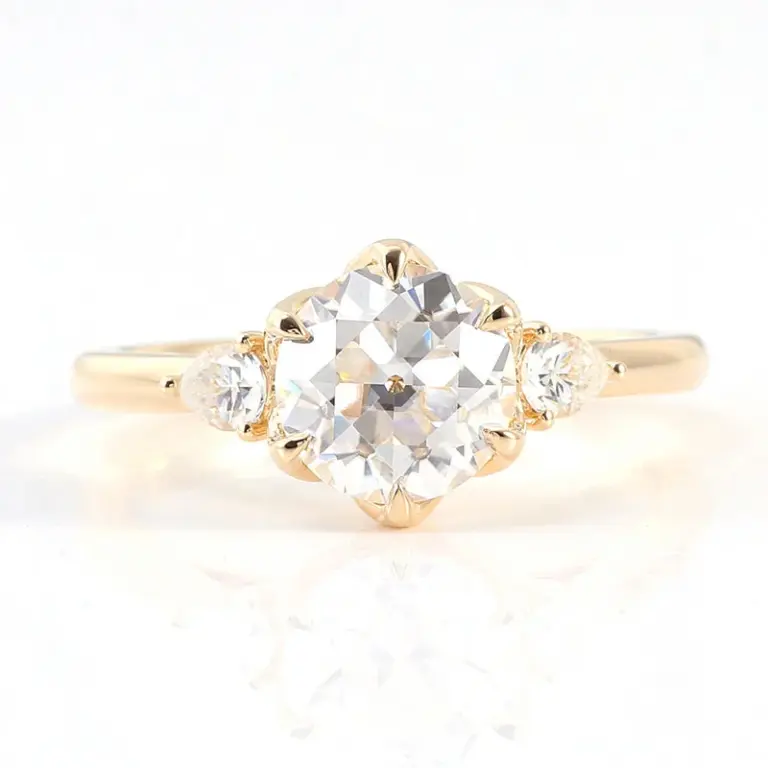 10k gold round moissanite prong set three stone engagement ring 1