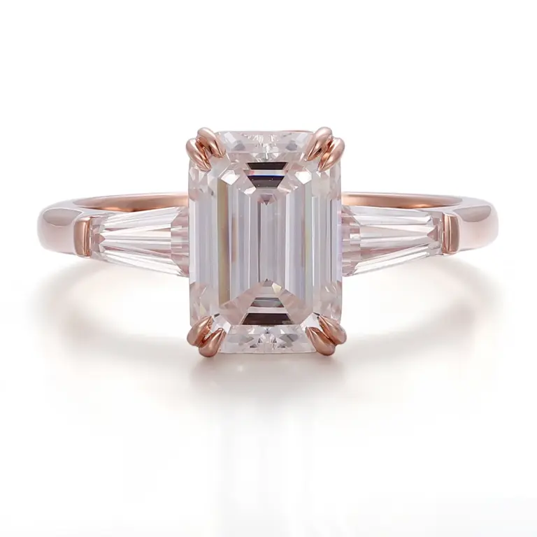 10k rose gold emerald cut moissanite four prong three stone engagement ring 1
