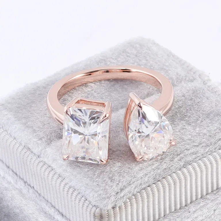 10k rose gold radiant pear moissanite prong set toi et moi engagement ring 1