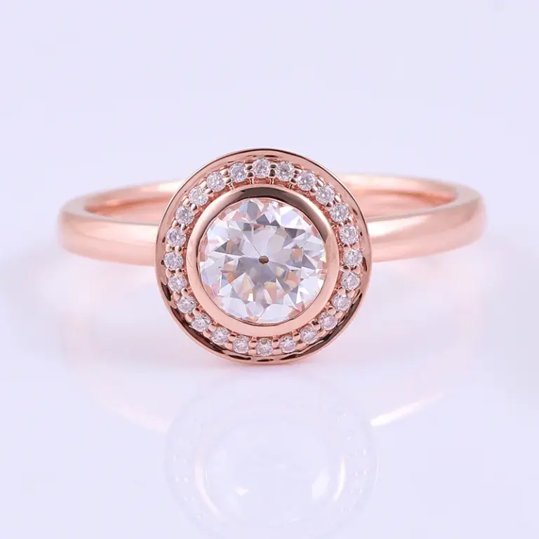10k rose gold round cut moissanite bezel halo engagement ring 1