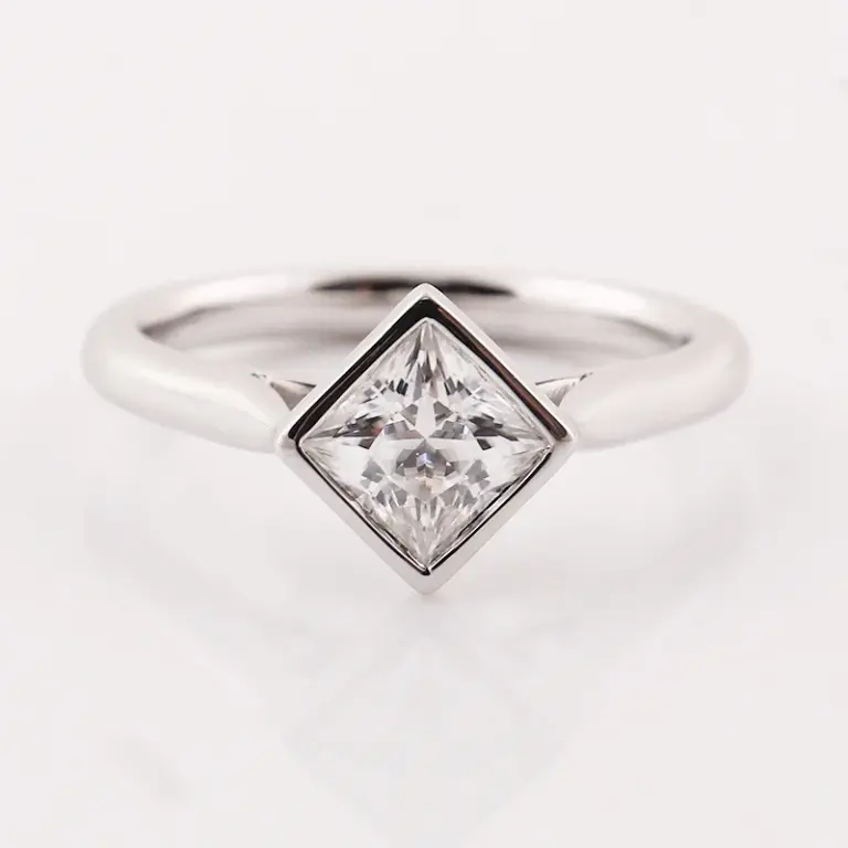 10k white gold princess cut moissanite bezel solitaire engagement ring 1