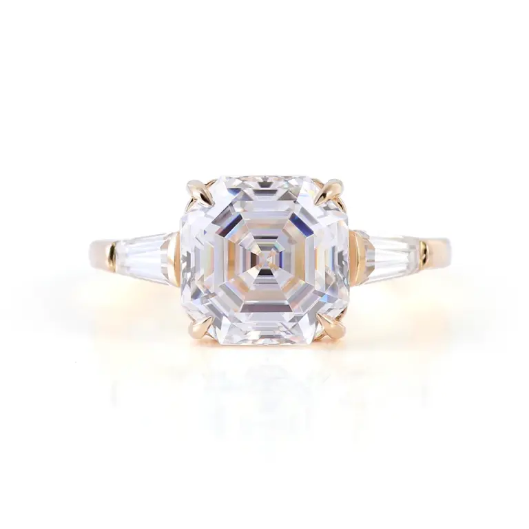 14k gold asscher moissanite prong set three stone engagement ring 1