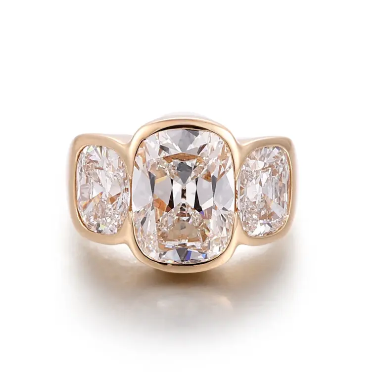 14k gold cushion lab grown diamond bezel three stone engagement ring 1