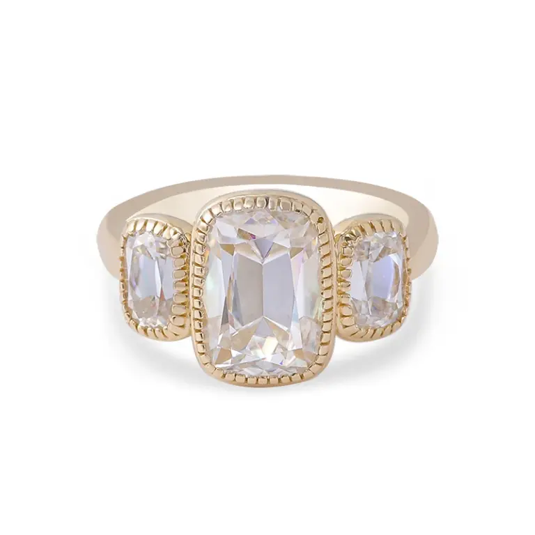 14k gold cushion moissanite bezel three stone engagement ring 1