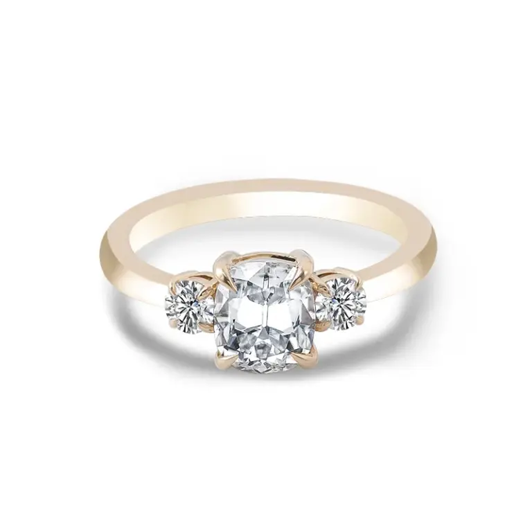14k gold cushion moissanite four prong three stone engagement ring 1