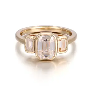 14k gold emerald cut moissanite bezel three stone engagement ring 1