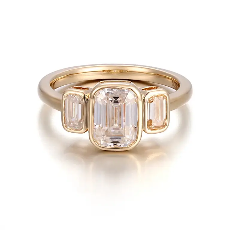 14k gold emerald cut moissanite bezel three stone engagement ring 1