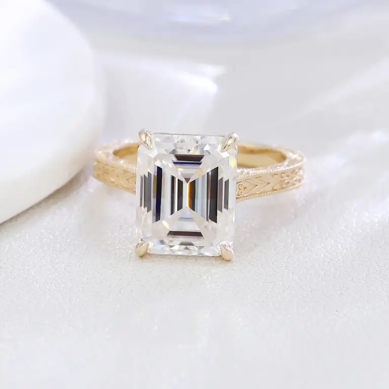 14k gold emerald cut moissanite four prong solitaire engagement ring 1