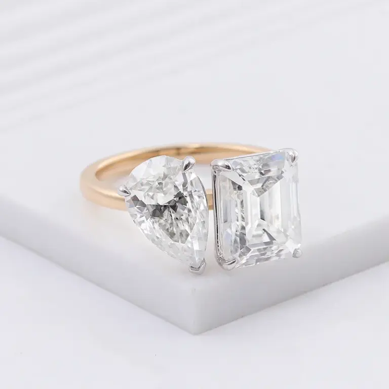 14k gold emerald pear moissanite prong set toi et moi engagement ring 1