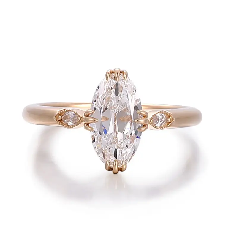 14k gold marquise lab grown diamond prong set side stone engagement ring 1