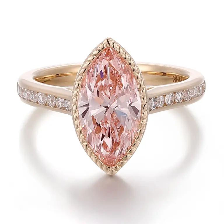 14k gold marquise pink lab grown diamond bezel side stone engagement ring 1