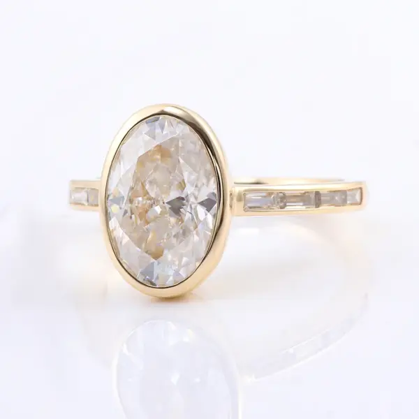 14K Gold Oval Cut Moissanite Bezel Side Stone Engagement Ring ...