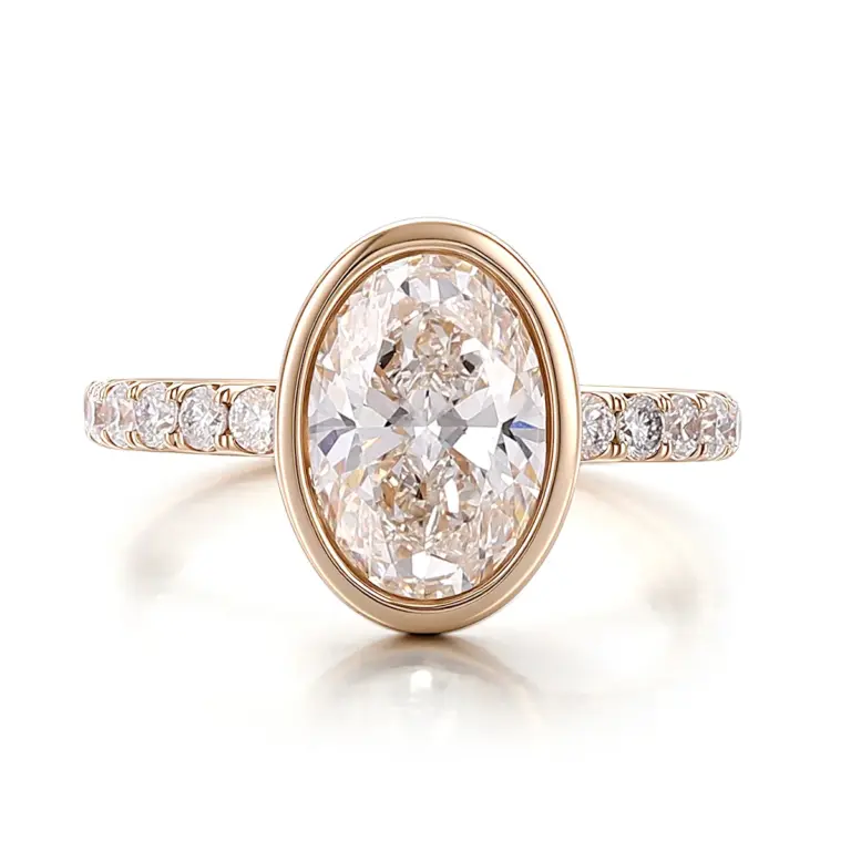 14k gold oval lab grown diamond bezel side stone engagement ring 1