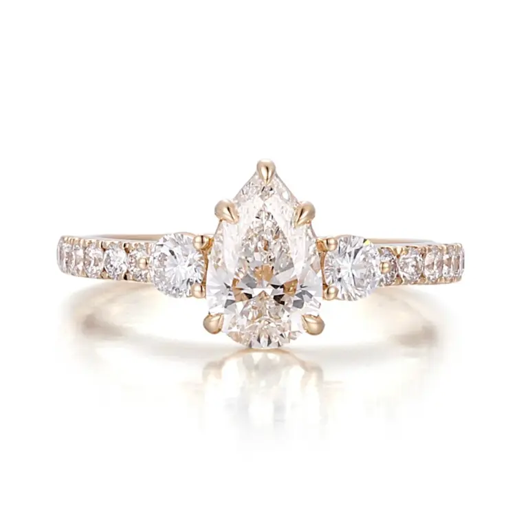 14k gold pear lab grown diamond prong set side stone engagement ring 1