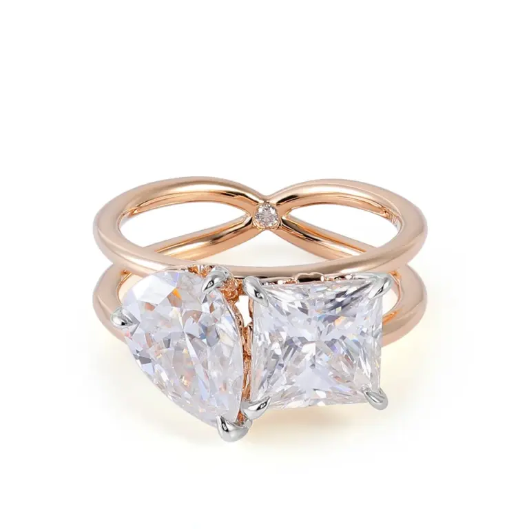 14k gold princess pear moissanite prong set toi et moi engagement ring 1
