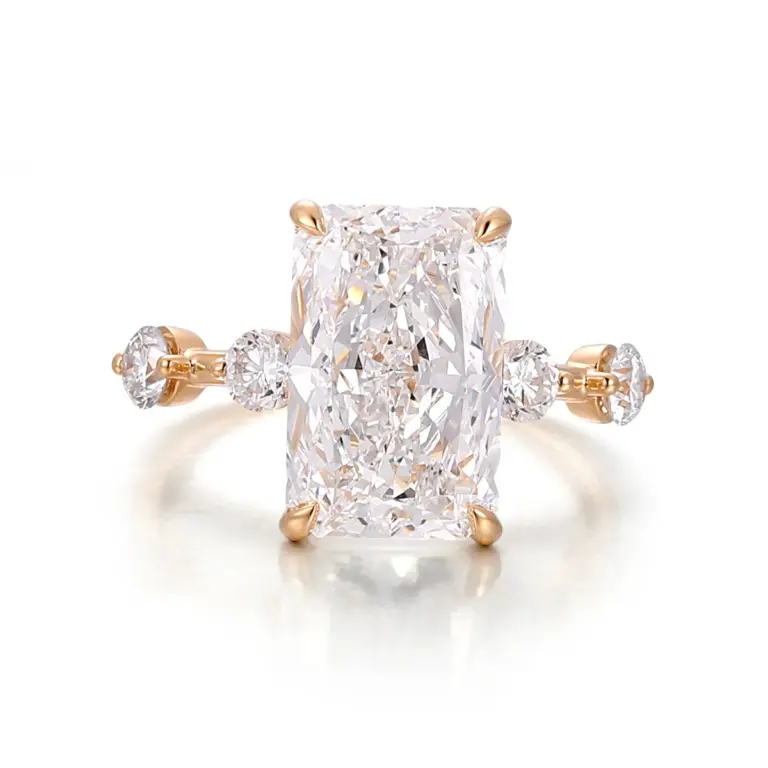 14k gold radiant lab grown diamond prong set side stone engagement ring 1