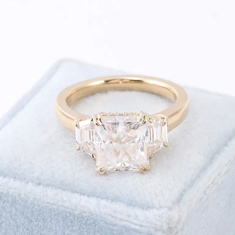 14k gold radiant moissanite prong set three stone engagement ring 1