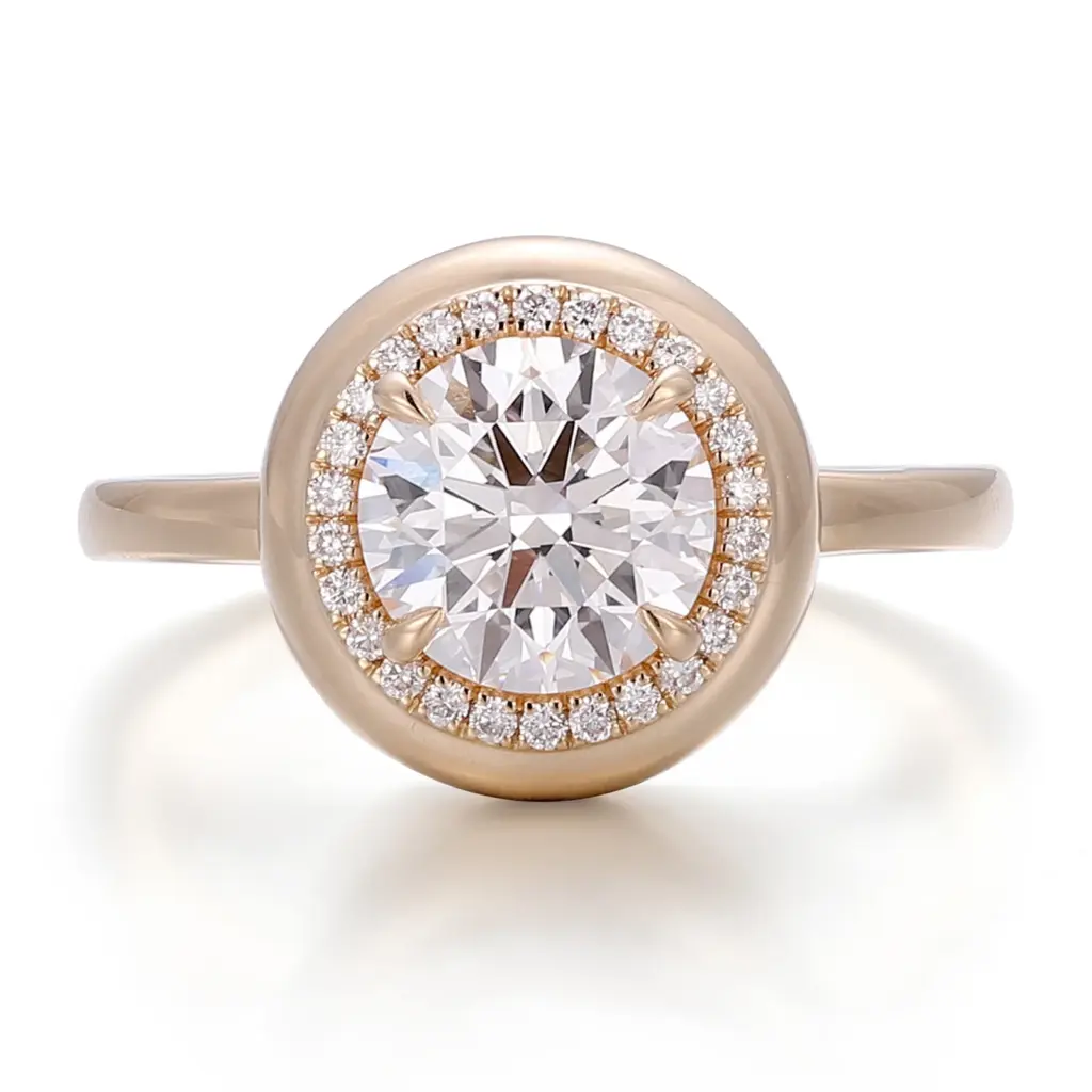 14k gold round lab grown diamond bezel halo engagement ring 1