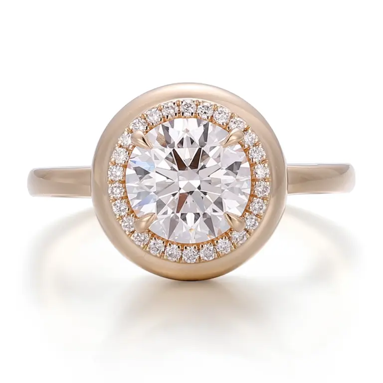 14k gold round lab grown diamond bezel halo engagement ring 1