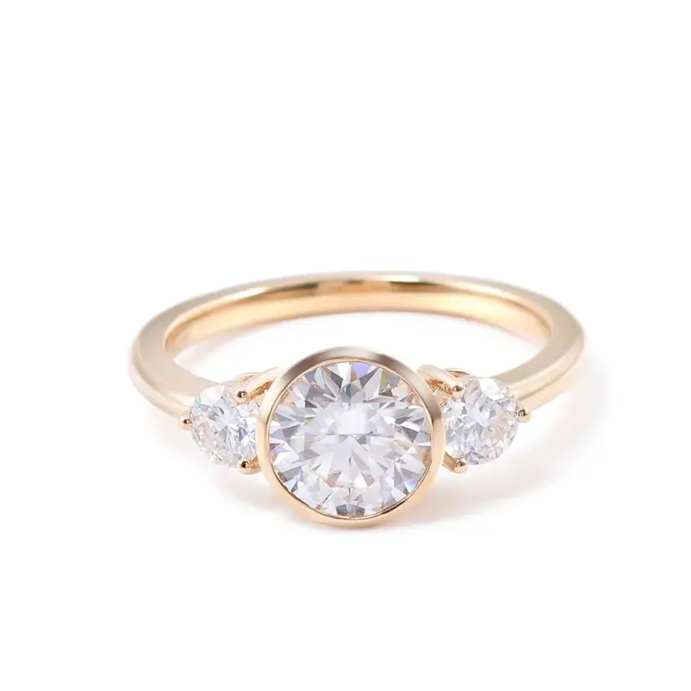 14k gold round moissanite bezel three stone engagement ring 1