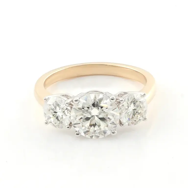 14k gold round moissanite prong set three stone engagement ring 1