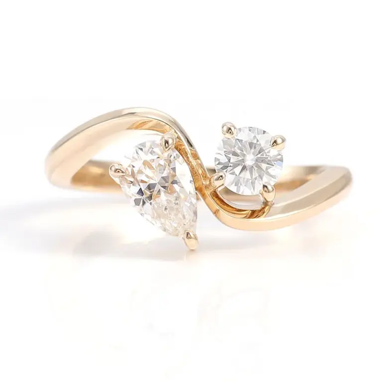 14k gold round pear moissanite prong set toi et moi engagement ring 1