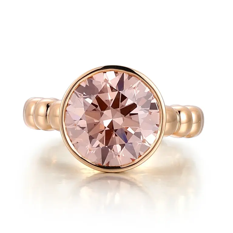 14k gold round pink lab grown diamond bezel solitaire engagement ring 1
