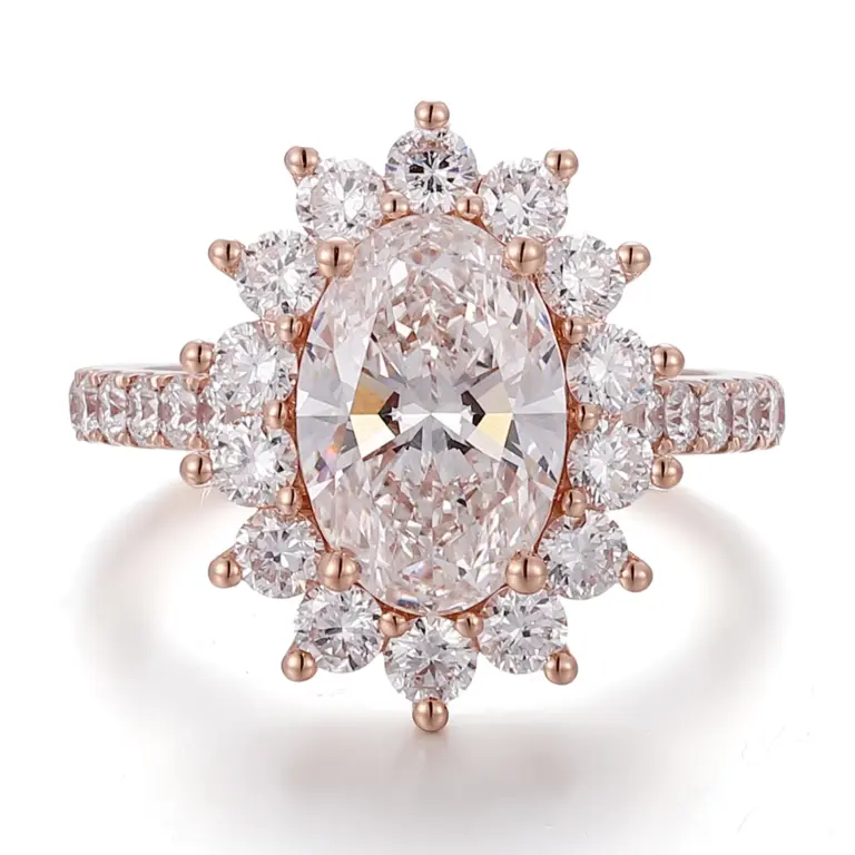 14k rose gold oval lab grown diamond prong set halo engagement ring 1