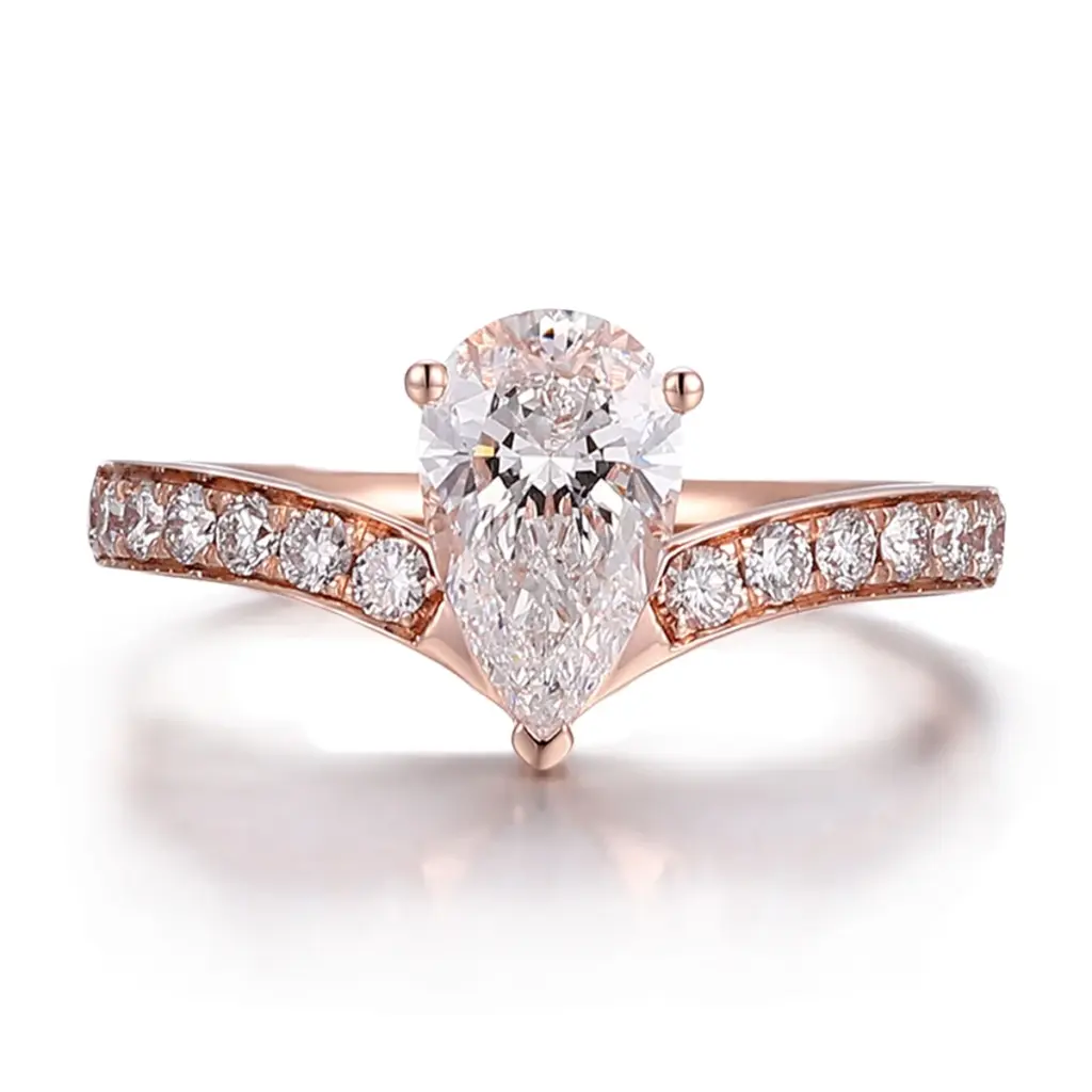 14k rose gold pear lab grown diamond prong set side stone engagement ring 1