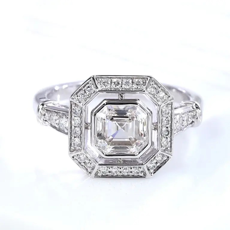 14k white gold asscher lab grown diamond bezel halo engagement ring 1