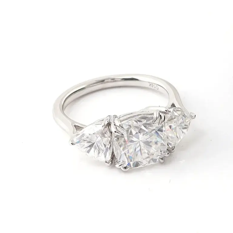 14k white gold cushion moissanite prong set three stone engagement ring 1