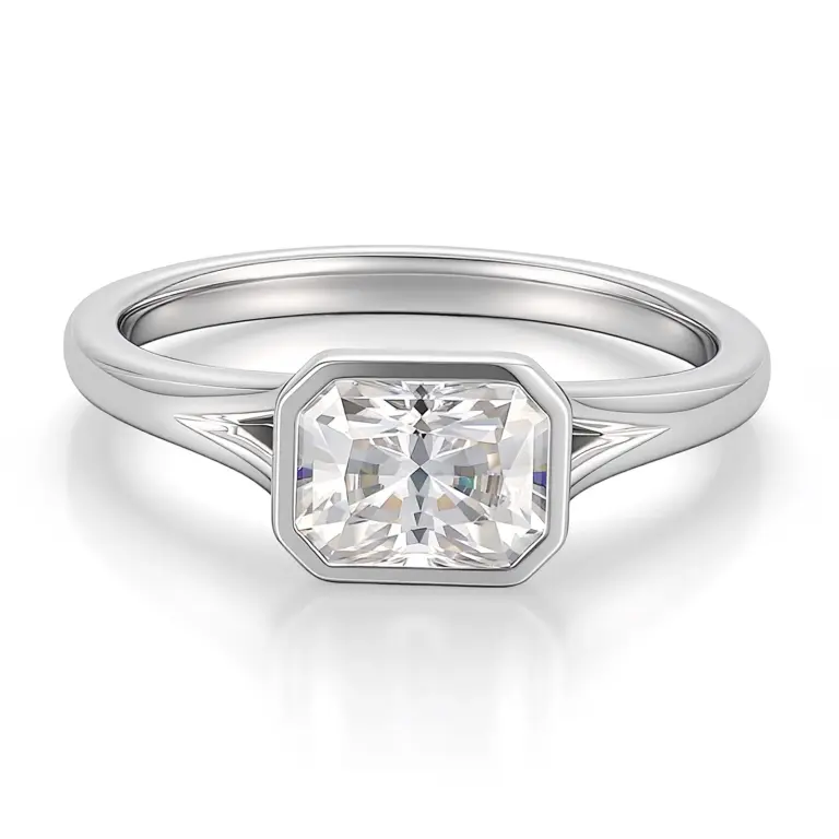 14k white gold radiant cut moissanite bezel solitaire engagement ring 1