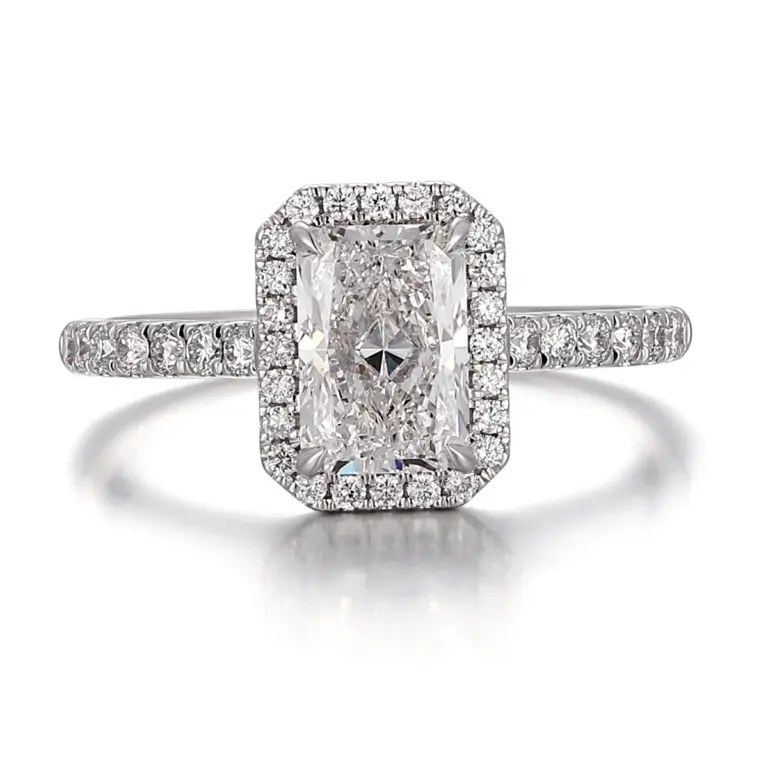 14k white gold radiant lab grown diamond prong set halo engagement ring 1