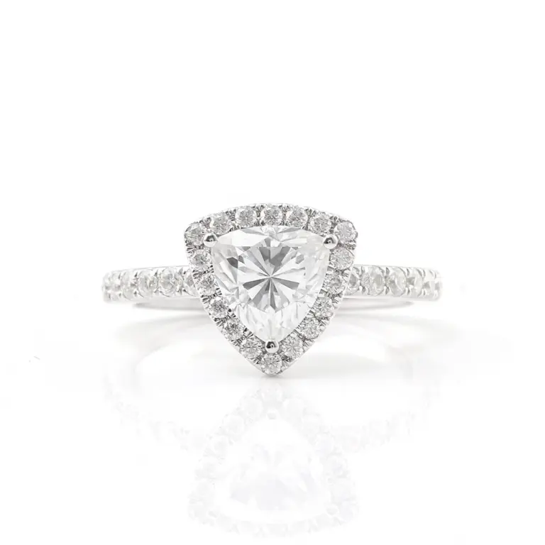 14k white gold trillion moissanite prong set halo engagement ring 1