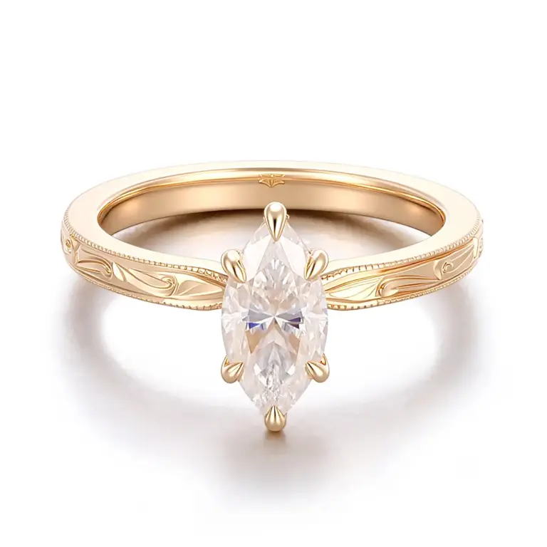 14k yellow gold marquise cut moissanite six prong solitaire engagement ring 1