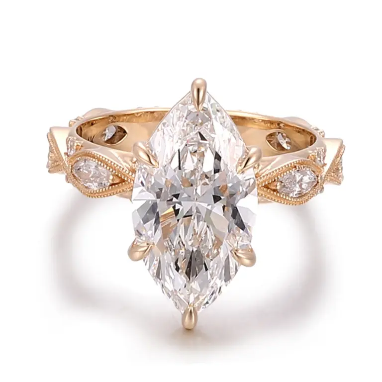 18k gold marquise lab grown diamond prong set side stone engagement ring 1