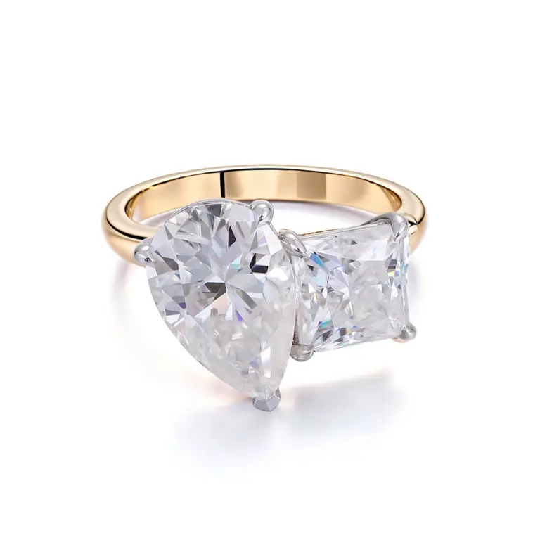 18k gold princess pear moissanite prong set toi et moi engagement ring 1