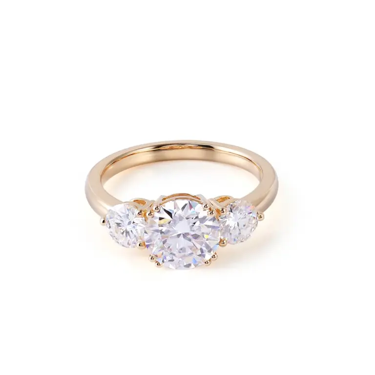 18k gold round moissanite prong set three stone engagement ring 1