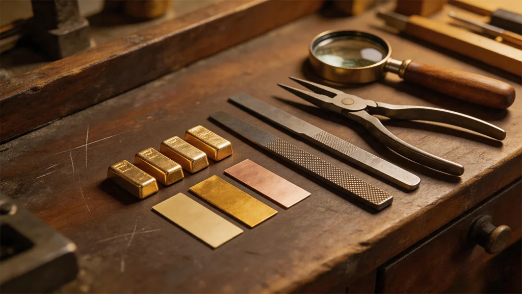 A jeweller's workbench with gold alloy samples and tools, showing the raw materials used in crafting fine gold jewellery