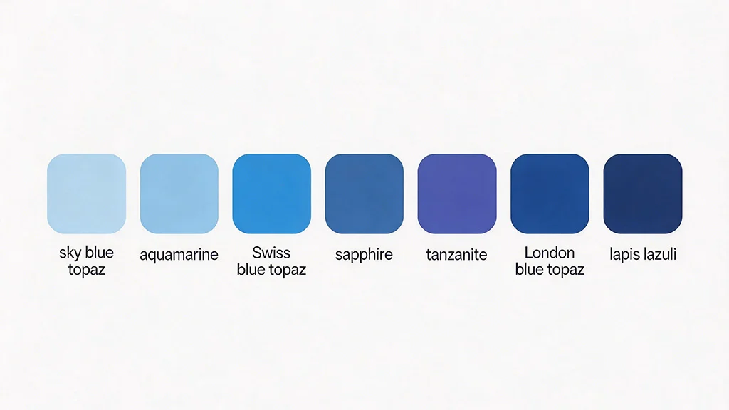 Blue gemstone colour spectrum from pale sky blue topaz to deep navy sapphire, showing shades of aquamarine, tanzanite, iolite, and lapis lazuli