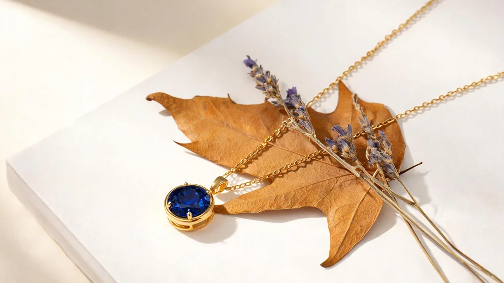 Blue sapphire September birthstone pendant necklace in gold styled with warm autumnal botanicals