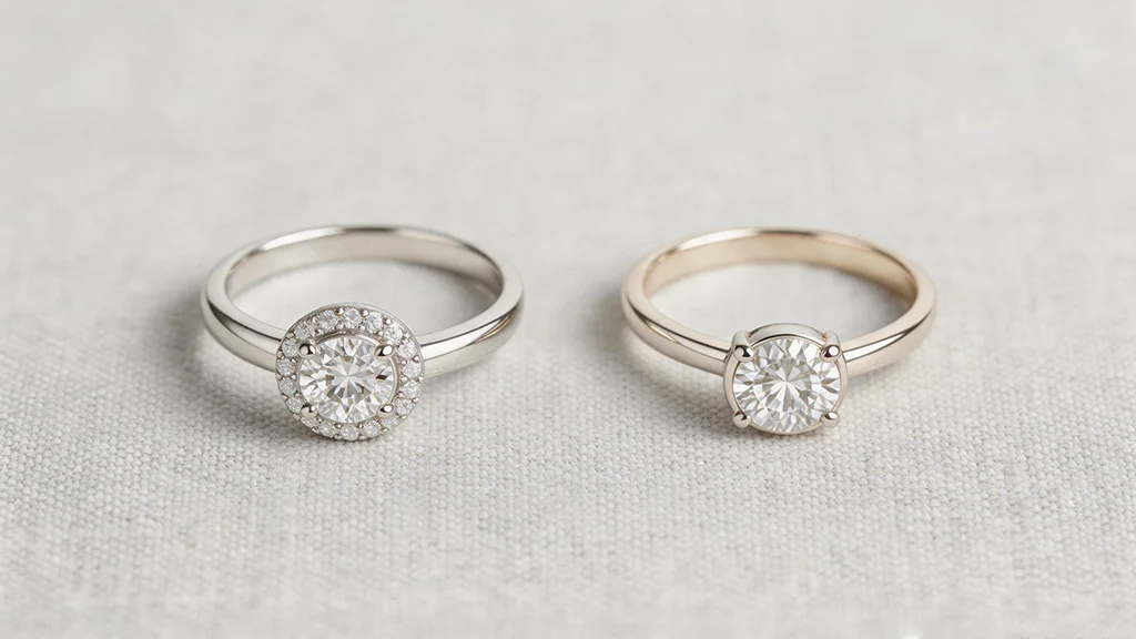 Classic halo engagement ring (left) versus hidden halo engagement ring (right) — side by side comparison, Provence Jewellery
