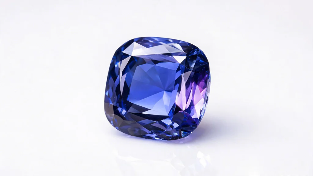 Cushion cut tanzanite gemstone showing its characteristic blue violet trichroism colour shift under natural light