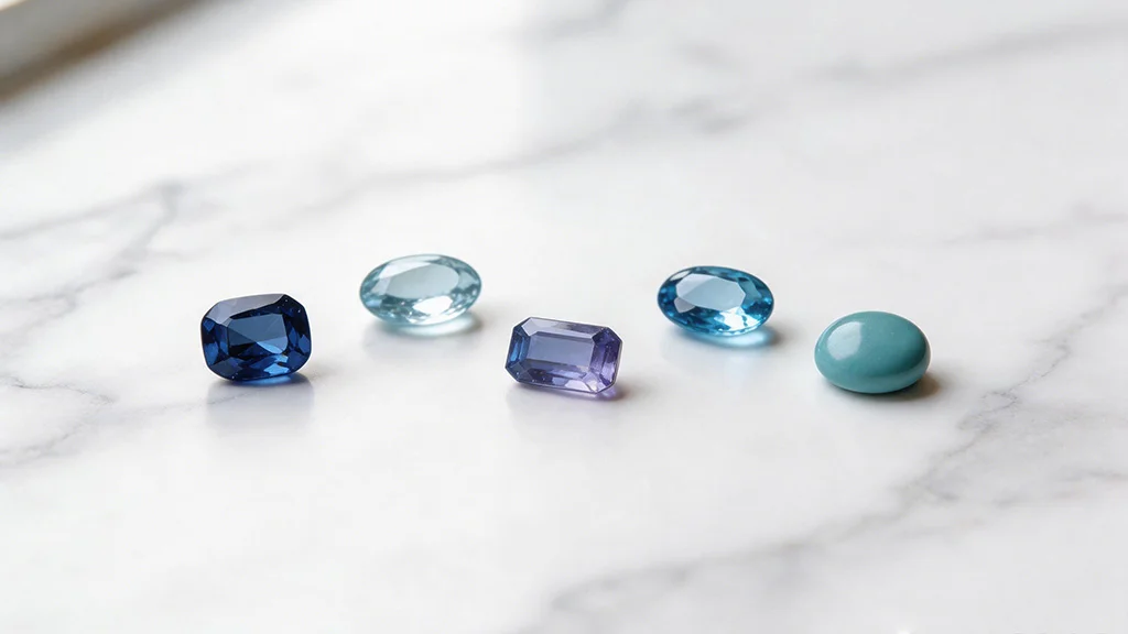 Different types of blue gemstones including sapphire, aquamarine, tanzanite, and blue topaz arranged on white marble