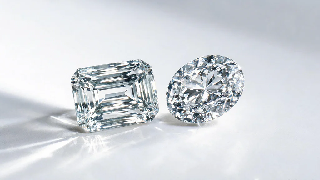 Emerald cut diamond (step cut, left) versus oval brilliant diamond (right) — showing the contrast in light behaviour between the two cuts