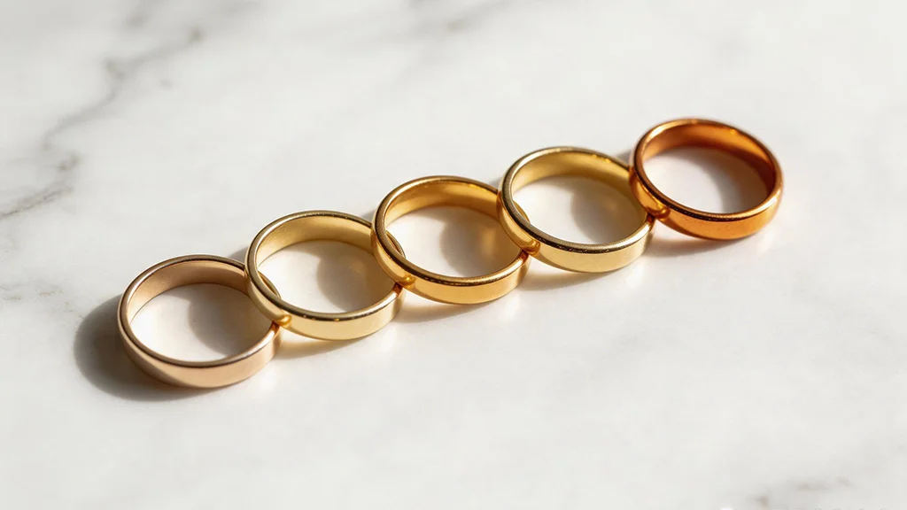 Five gold rings arranged from lightest to richest colour, showing gold karat difference between 10K, 14K, 18K, 22K and 24K gold purity