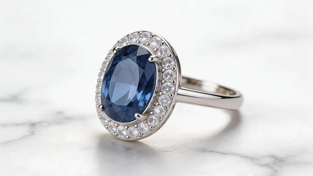 Oval cornflower blue sapphire engagement ring in white gold with diamond halo, shown on a marble surface