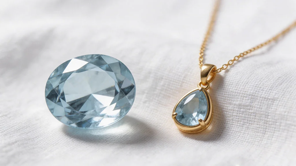 Pale blue aquamarine oval faceted gemstone beside a delicate aquamarine pendant necklace in yellow gold